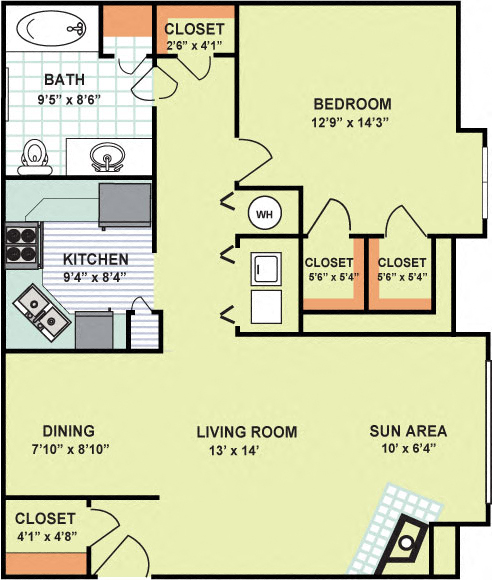 Floor plan for 1 bed, 1 bath, 954 sqft